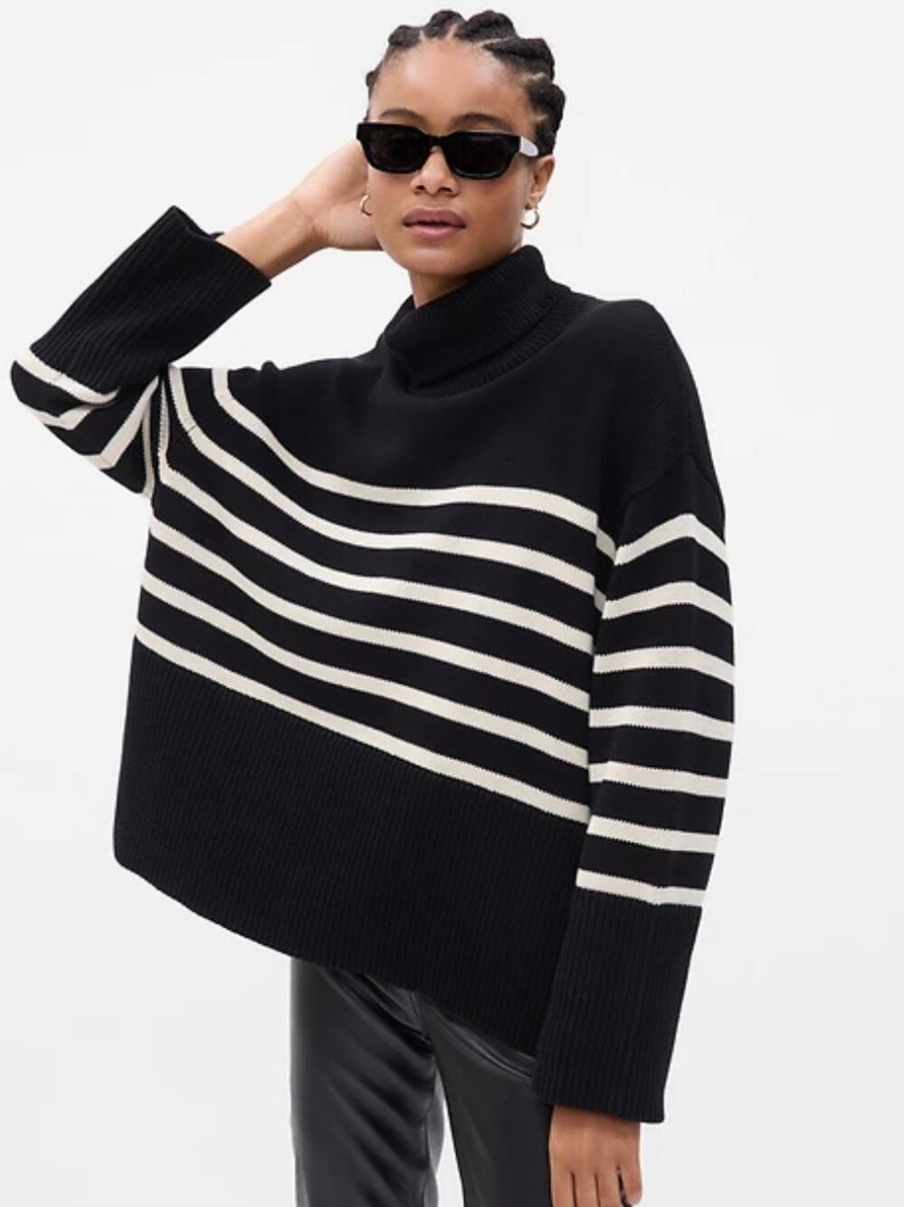GAP 24/7 Split Hem Turtleneck Cotton Oversized Sweater Black and White Stripe XS